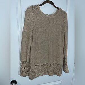 Coldwater Creek Linen Cotton Gold Crochet Knit Scalloped Pullover Sweater Sz L